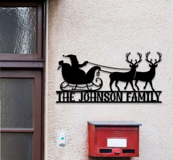 Custom Santa Claus with Reindeer Sign Family Name Metal Christmas Signs