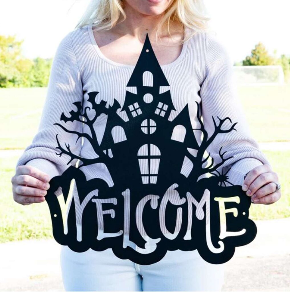 Halloween Haunted House Welcome Sign Spooky Metal Sign for Entryway