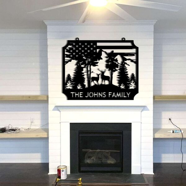 Personalized Deer Metal Sign With Family Name American Flag Hunter Gift 1