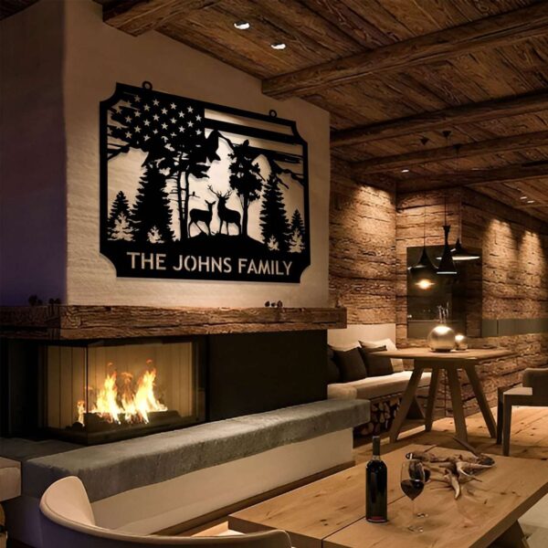 Personalized Deer Metal Sign With Family Name American Flag Hunter Gift 4